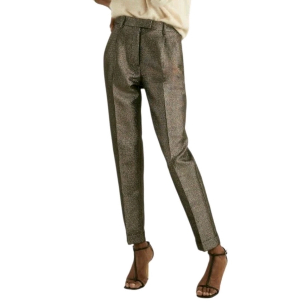 Reiss Womens Pants Size 2 Sienna Gold Tapered Cotton Blend Sparkle Trouser New